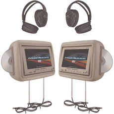 Power Acoustik 8.8&#34; Universal Headrest Monitors With Twin Dvd Player Combo Ir & Fm Transmitters & 2 Pairs Of Headphones (beige)