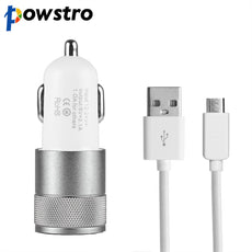 Powstro Universal Dual Ports USB Car Charger Adapter + Micro USB Data Sync Charging Cable For Samsung HTC LG Sony Huawei Xiaomi