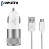 Powstro Universal Dual Ports USB Car Charger Adapter + Micro USB Data Sync Charging Cable For Samsung HTC LG Sony Huawei Xiaomi