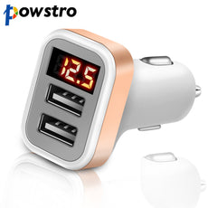 Powstro 2.1A Car Charger Voltage Current Display 2 USB Charger DC12-24V Low Voltage Warning Charge For smartphone Tablet