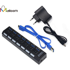 2016 High Quality 7 Port USB 3.0 HUB High Speed With Power Adapter For PC Laptop Notebook Free Plug Adapter #QD10LR12