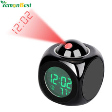 LCD Display Digital Projection Voice Alarm Clock Support Backlight Snooze Function Cube LED Desk Clock Display Time Thermometer