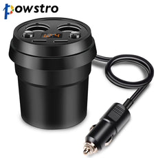 Powstro 3.1A Dual USB Car Charger Adapter with 2 Cigarette Lighter Socket Car Cup Holder Type Support Volmeter Current Display