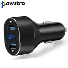 Powstro Dual USB QC3.0 Car Charger 3A Aluminum charger with Voltage displa For Iphone Samsung Phone Car Charging Accessories