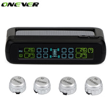 Onever Wireless TPMS System Car Tire Pressure Monitoring Security Alarm System Solar Power Digital LCD Display 4 External Sensor