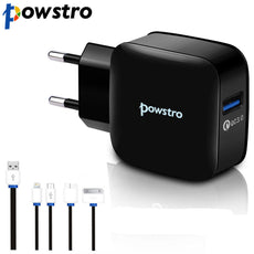 Powstro 4 in 1 Multi USB Charging Cable+QC3.0 fast  EU Plug charger for Phone iPad Samsung Sony Moto HTC ect USB Phone Charger