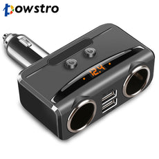 Powstro 3.1A 2 USB Car Charger Adapter Volmeter Current Display Charger Low/Hi Voltage Remind with 2 Cigarette Lighter Sockets