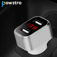 Powstro Car Charge 3.1A Max Output Mini Dual USB Car Charger Volmeter Display Voltage Current DC 12-24V For Smartphone Tablets