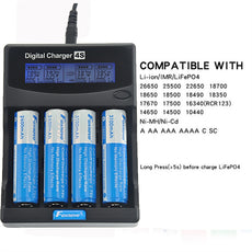 Foxnovo F-4S 4-Slots Li-ion Ni-MH Ni-CD LCD Intelligent Battery Charger with Sound Prompt /Battery Capacity Testing /EU-plug Adapter /12V Car Adapter