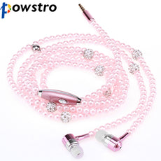 Powstro Lady Woman Beads Necklace Chain Pearl Earphone with Microphone In-ear Stereo Support Pink Black White Color