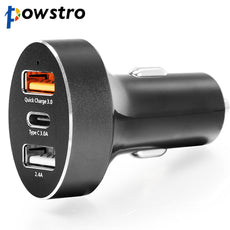Powstro Aluminum USB Car Charger 3 Port QC3.0 9V 1.67A + Type-C 5V 3A + USB 2.4A Port with Voltmeter For Mobile Phone iPad