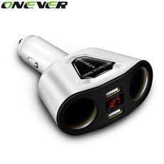 Onever 3.1A Dual USB Car Charger+2 Cigarette Lighter Sockets 120W Power Support Display Current Volmeter For iPhone iPad Samsung
