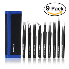 PIXNOR 9pcs Premium Anti-static ESD Stainless Steel Tweezers Set with Case for Electronics / Jewelry-making / Laboratory Work / Hobbies