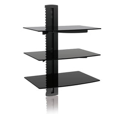 3 Tiers Black Floating Shelves with Strengthened Tempered Glass for DVD Players/Cable Boxes/Games Consoles/TV Accessories